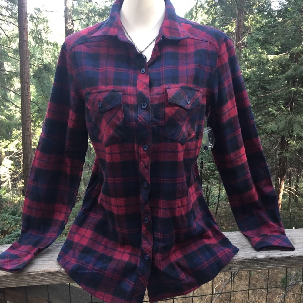 Kyoto klothing  burgundy plaid button down oversized flannel top pockets - Picture 5 of 14